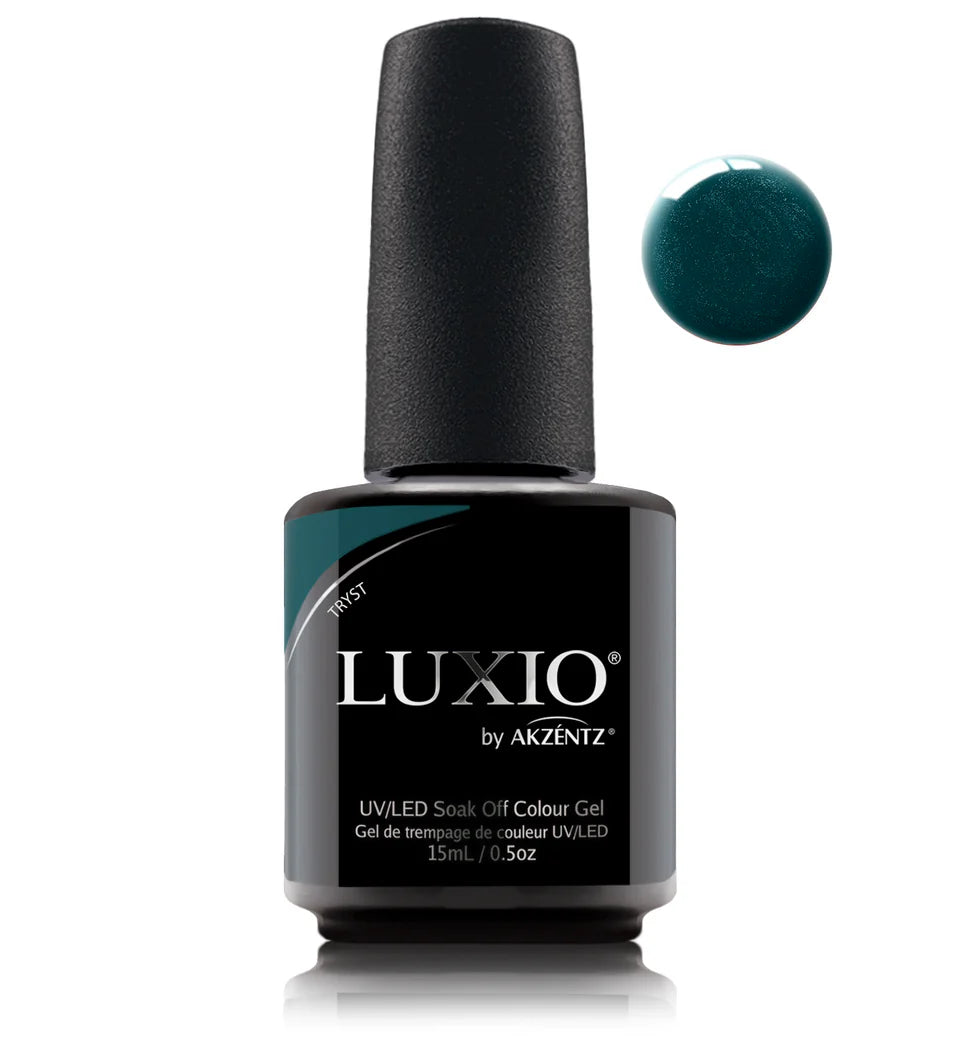 Luxio Soak-Off Gel Polish Tryst with shimmer finish, 15ml bottle, features a luxurious, sparkling nail color from Luxio brand.