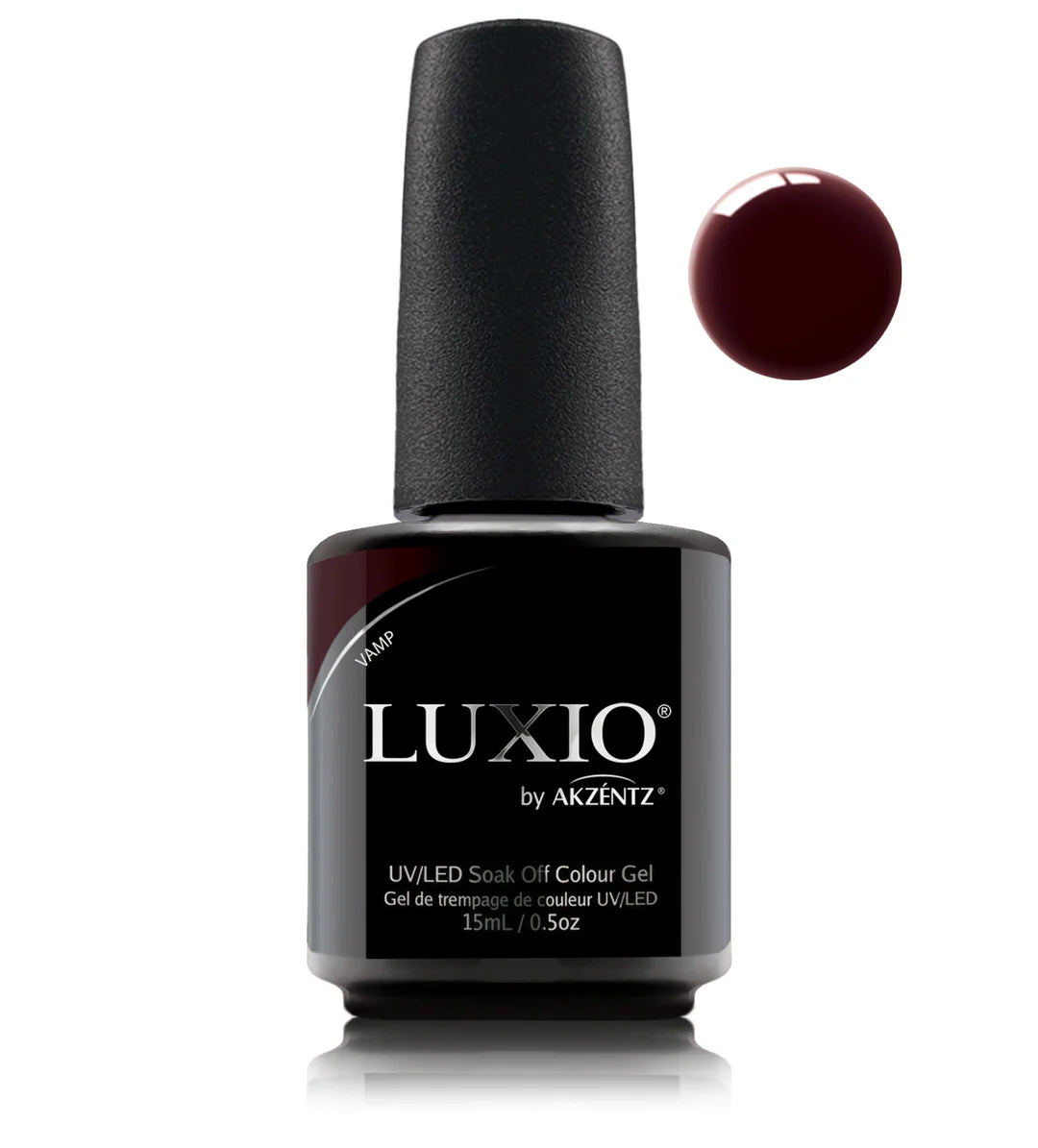 Luxio Vamp soak-off gel polish in 15ml bottle, deep burgundy color, for professional gel manicures.