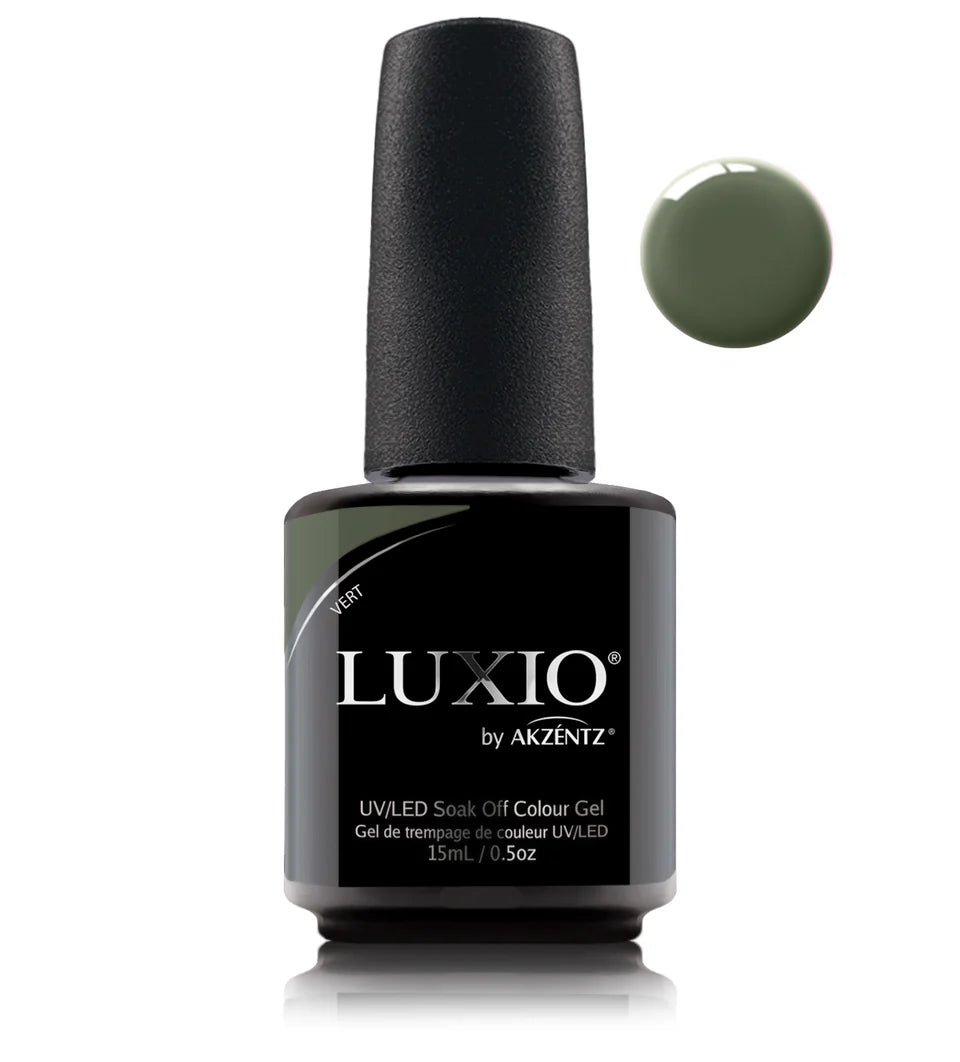 Luxio soak-off gel polish in Vert, 15ml, with a vibrant green color and smooth gel consistency for professional nail application.
