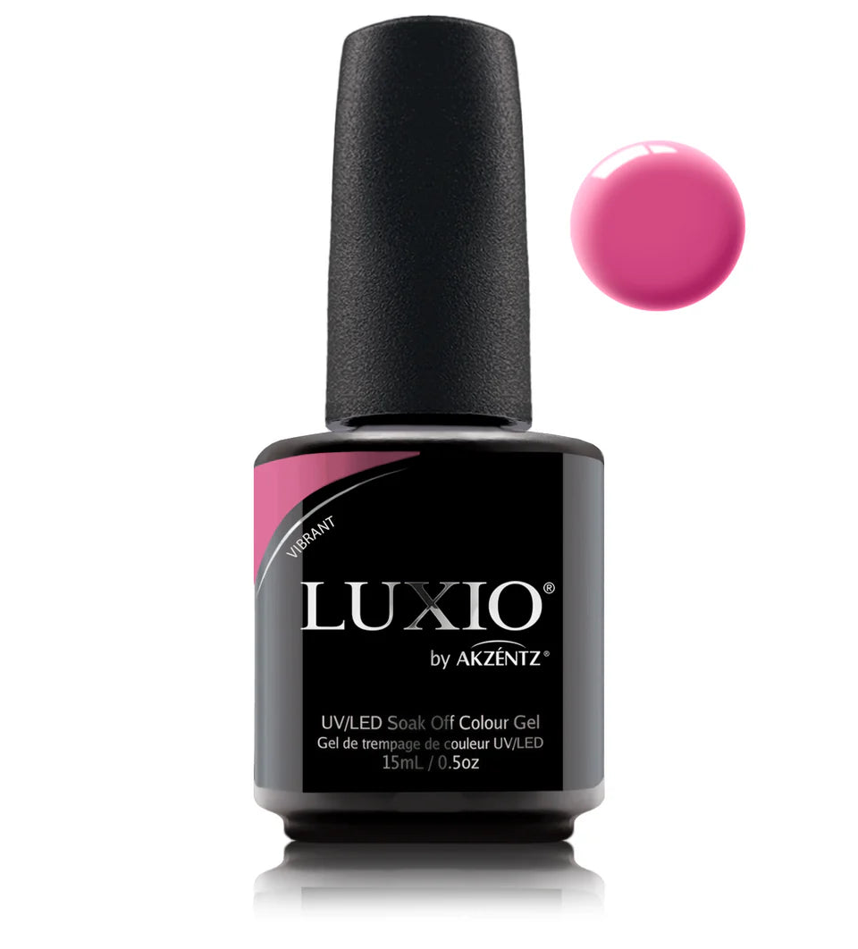 Luxio soak-off gel polish in vibrant shade, 15ml bottle, showcasing the colorful, glossy finish of the Luxio brand gel polish.