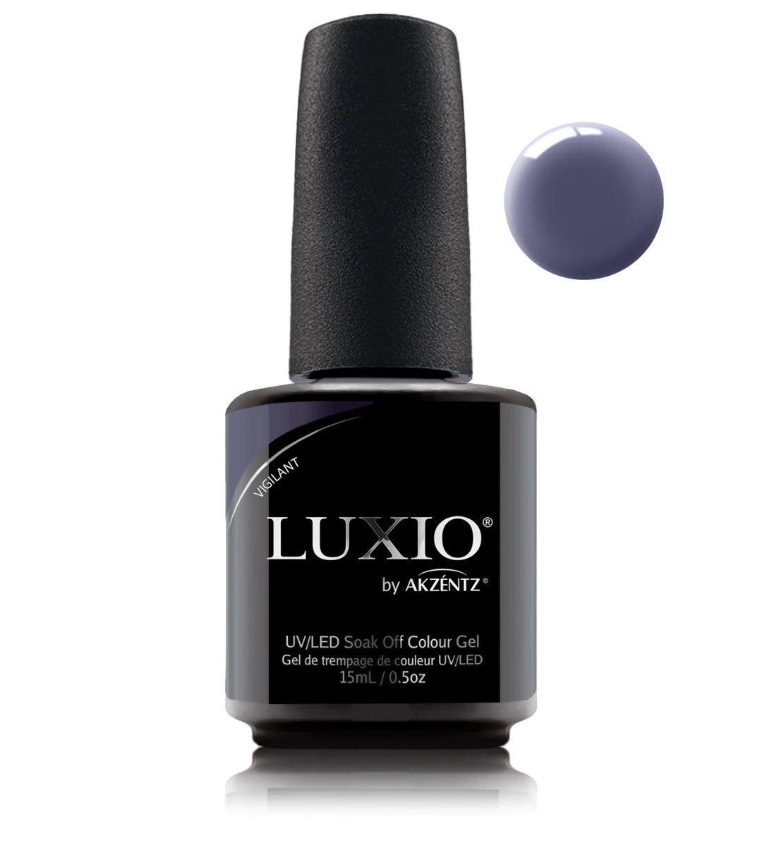 Luxio Vigilant soak-off gel polish in 15ml bottle, vibrant green color, with brand name and product details visible on the bottle