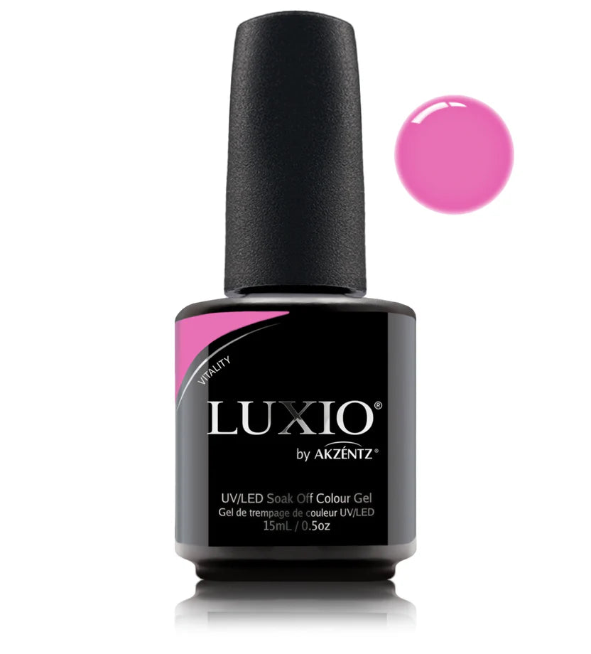 Luxio Soak-Off Gel Polish Vitality 15ml bottle, vibrant gel nail polish with colorful branding and clear packaging.