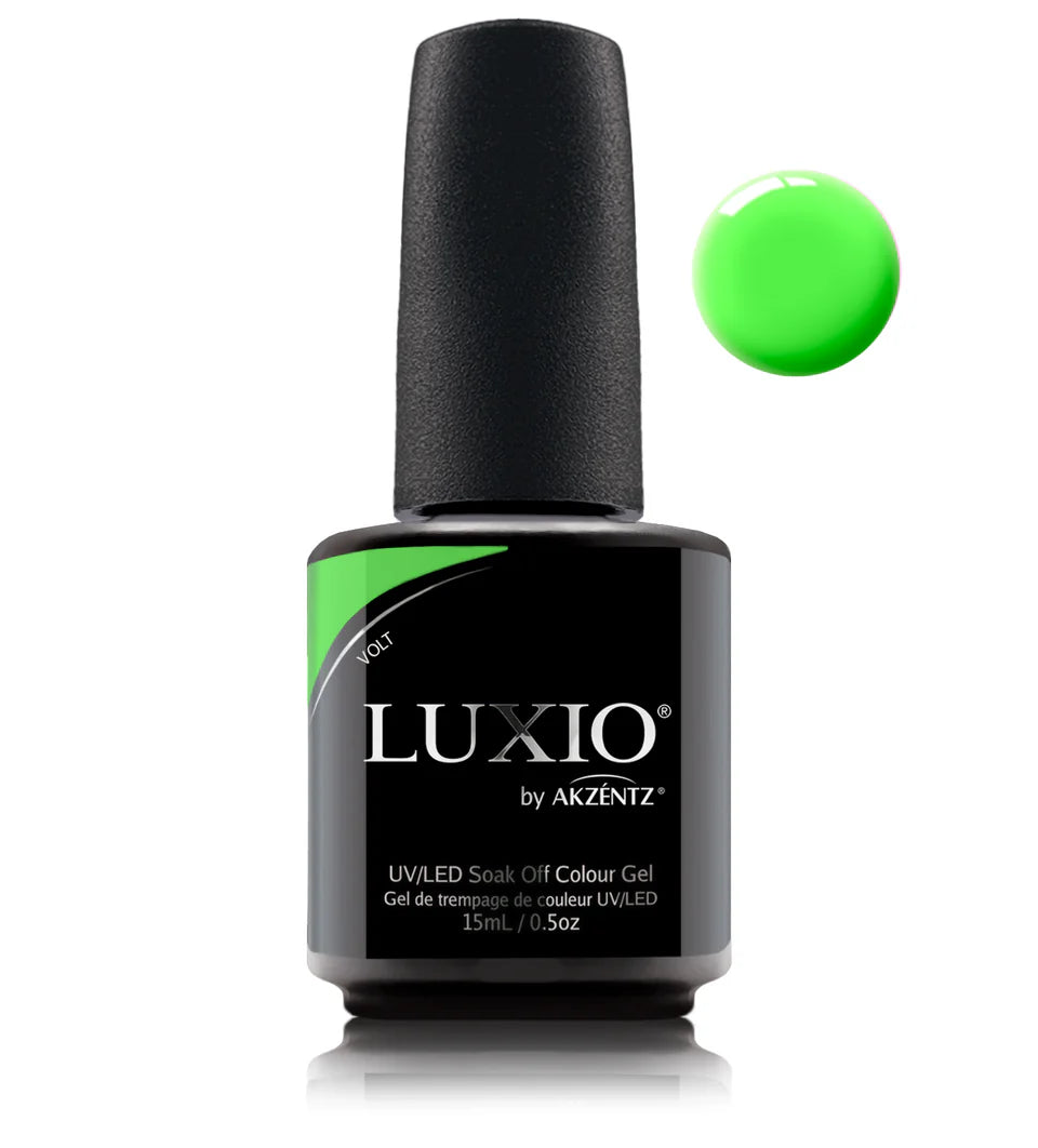 Luxio Volt soak-off gel polish in 15ml bottle, vibrant bright yellow color, with sleek Luxio branding on the bottle.