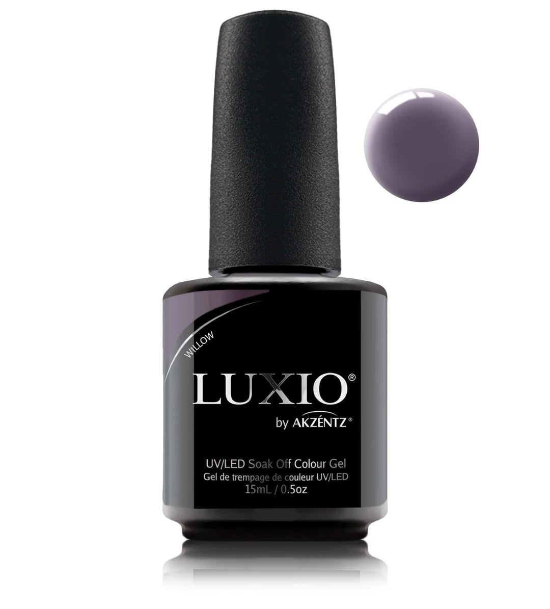 Luxio Soak-Off Gel Polish Willow 15ml bottle, vibrant green gel polish for nails, with brand label visible.