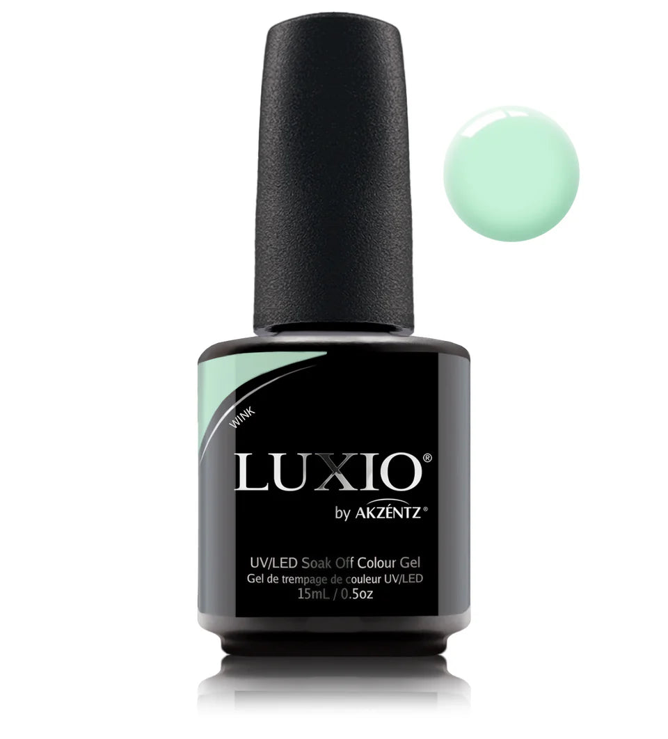 Luxio Wink soak-off gel polish in 15ml container, showcasing the vibrant pink shade and sleek branding on the bottle