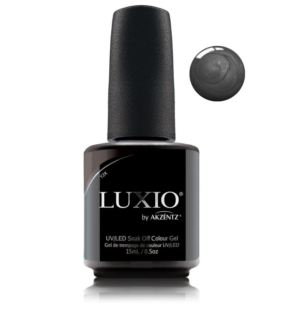 Luxio Soak-Off Gel Polish Y2K with shimmer, 15ml bottle, showcasing vibrant holographic nail polish in a sleek container.