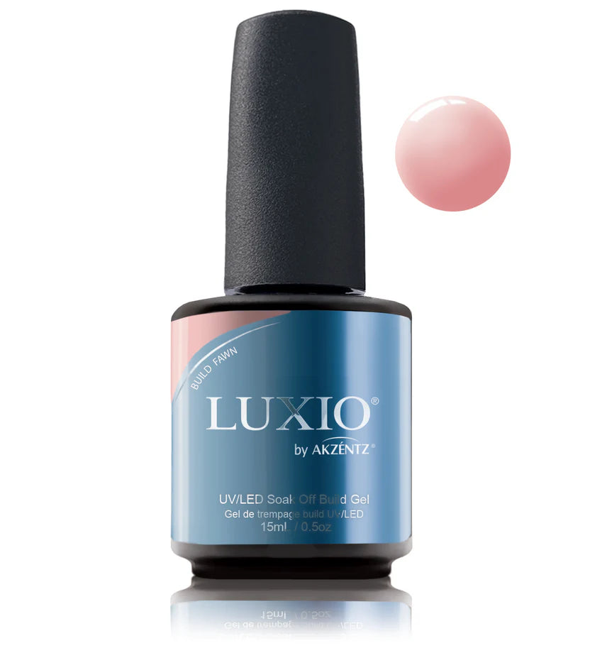 Luxio tinted build gel in Fawn color, 15ml, UV/LED soak-off formula for professional nail enhancements.
