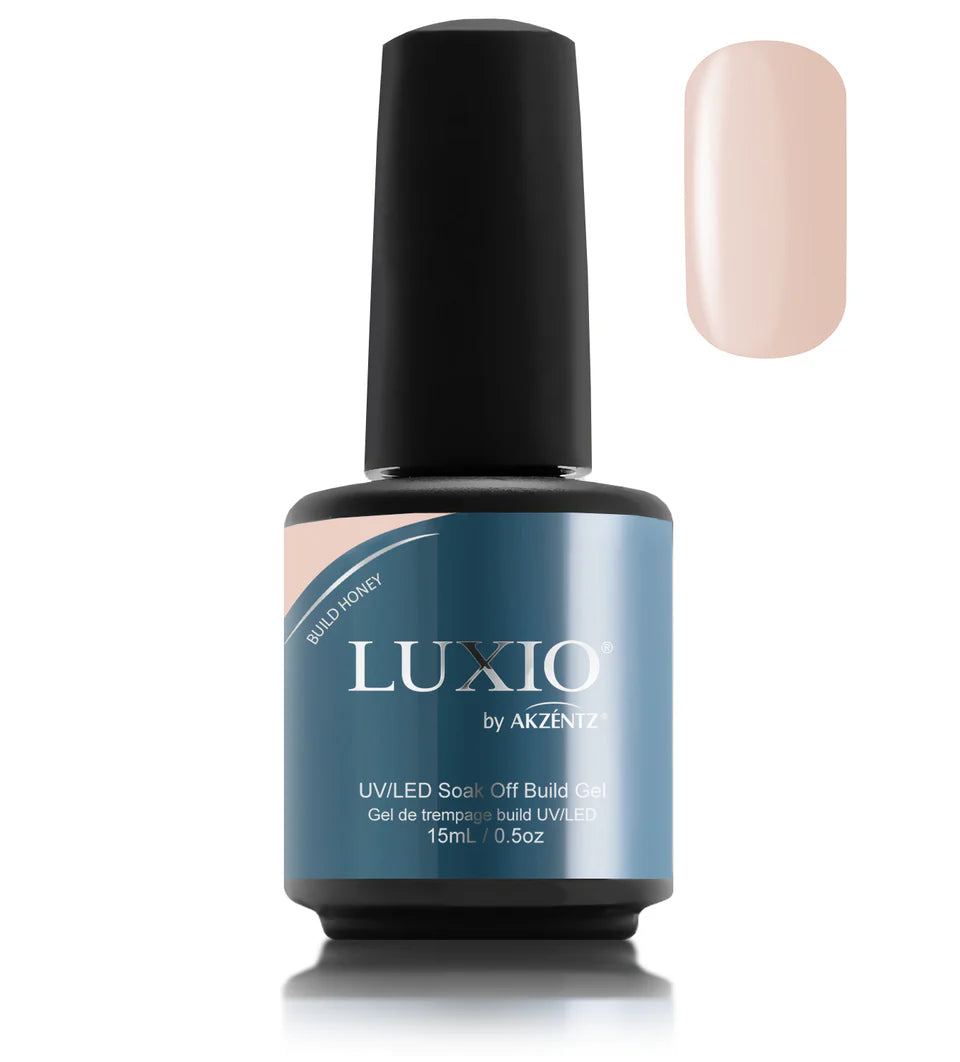 Luxio tinted build gel in Honey shade, 15ml bottle, UV/LED soak off formula, with a smooth, glossy finish for nails.