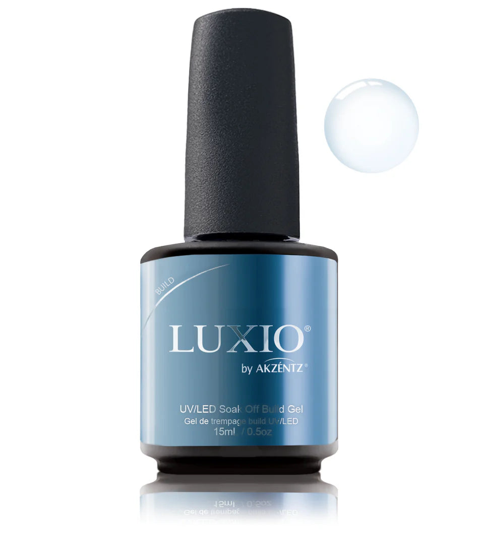 Luxio UV/LED soak off build gel in clear 15ml jar, ideal for professional nail extensions and enhancements.