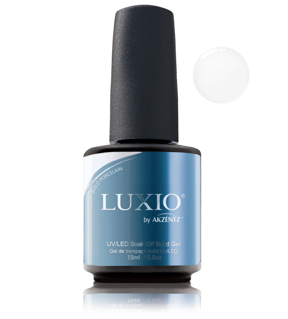 Luxio UV/LED Soak Off Build Porcelain gel in 15ml bottle, showcasing smooth, glossy finish and elegant packaging.