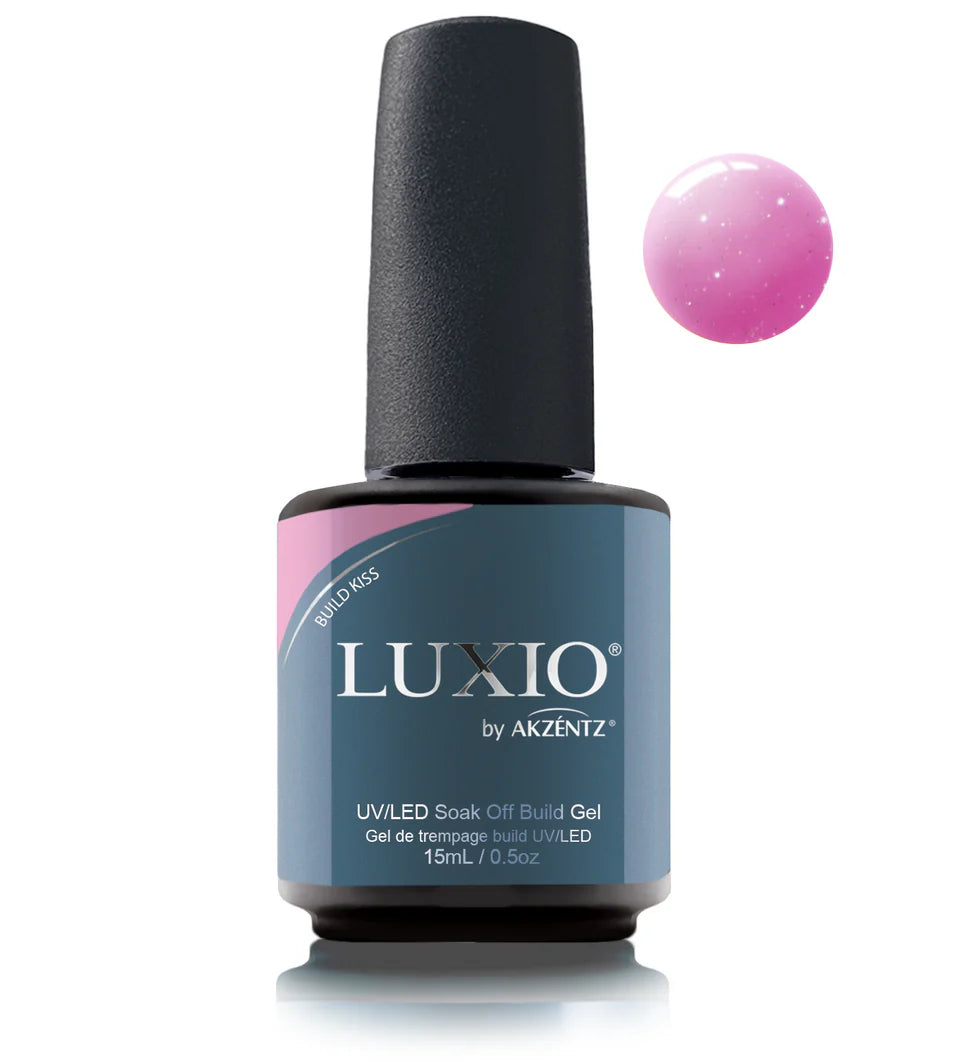 Luxio UV/LED soak off build nail polish with sparkles in a 15ml bottle, featuring a glossy, glittery finish for nail enhancement.