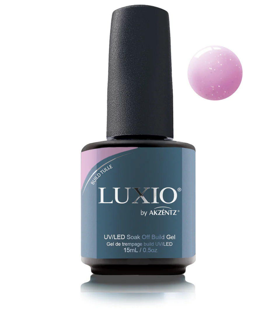 Luxio UV/LED soak off build gel with sparkles in 15ml container, featuring tulle finish and glossy shine.
