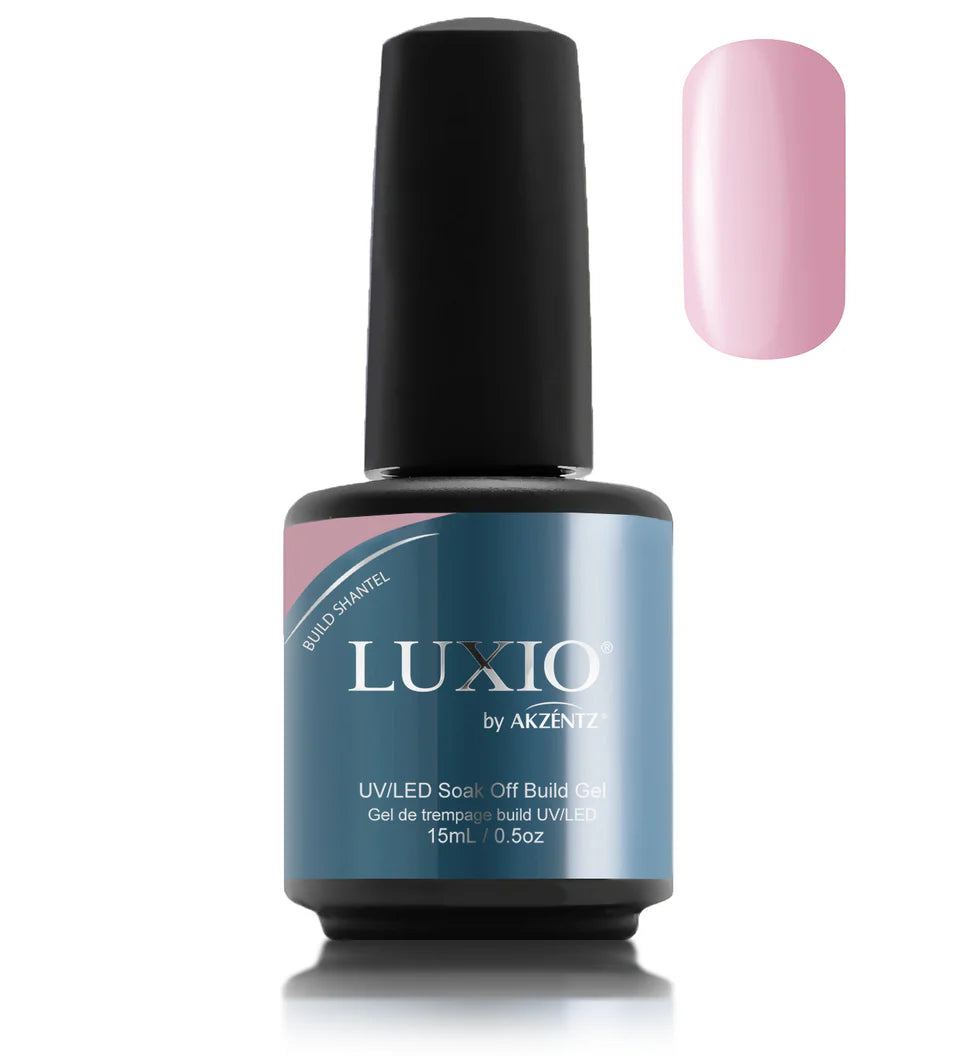 Luxio UV/LED soak off tinted build gel in Shantel 15ml bottle, showcasing smooth, glossy nail enhancement with a subtle tint
