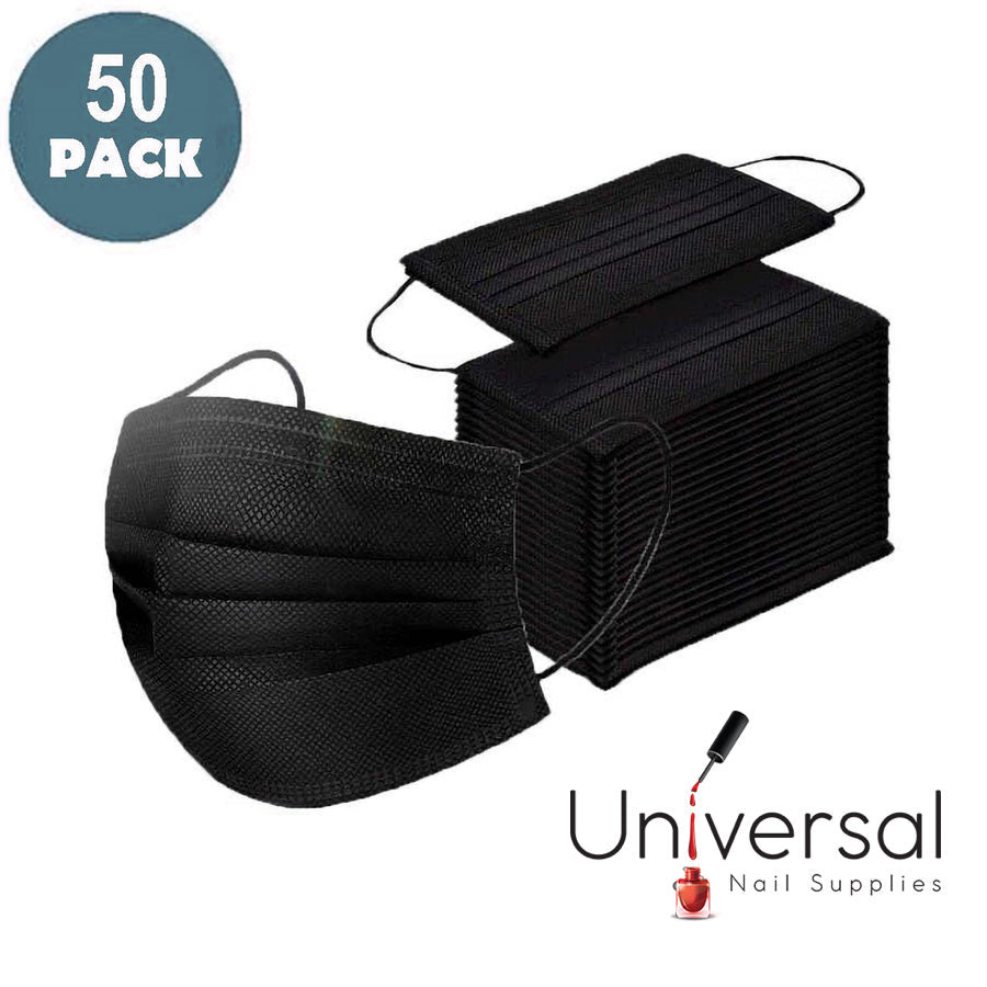 Face Mask Non Woven 3 Ply Black Disposable Mask with Ear Loop 50 Pack - Universal Nail Supplies