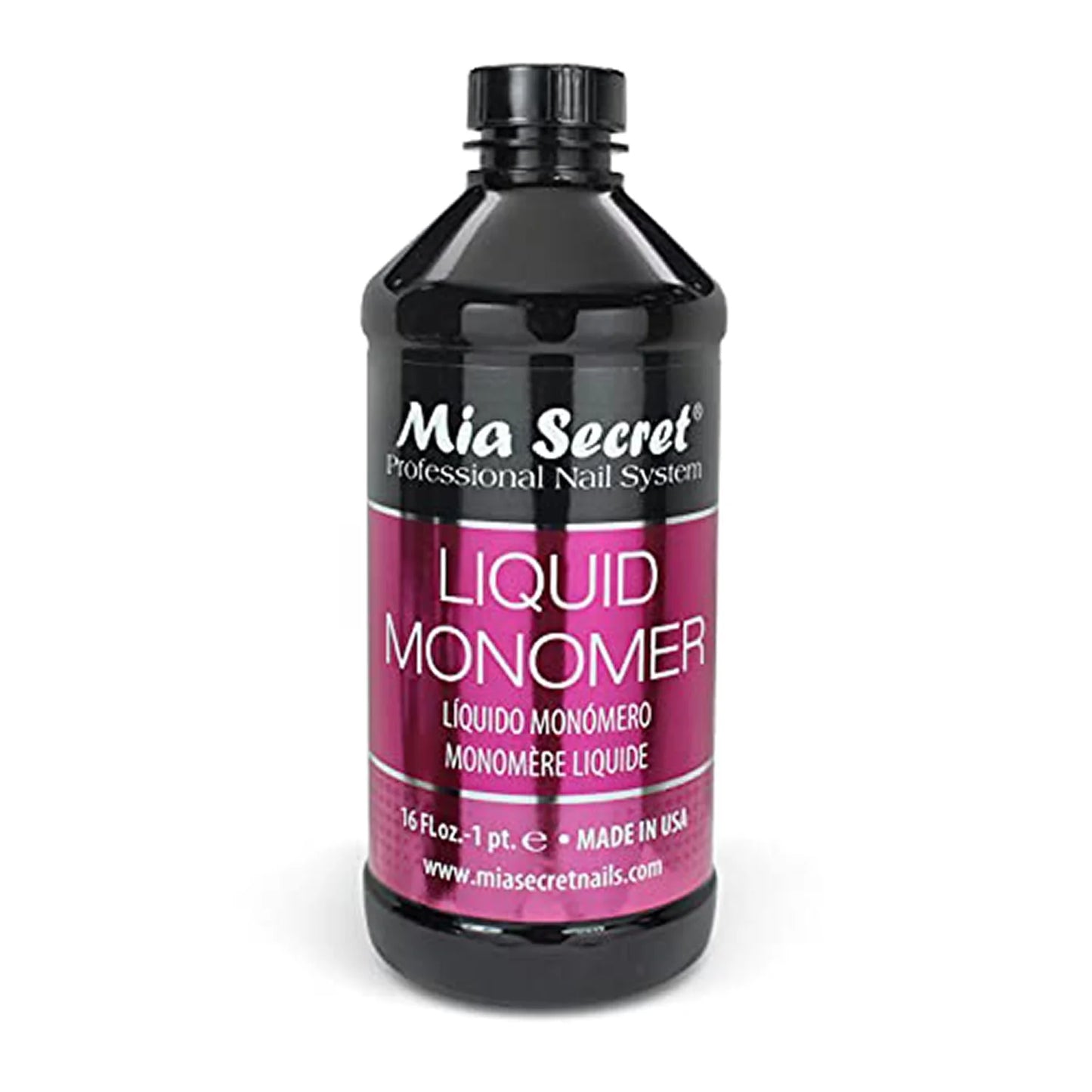 Uns Mia Secret Liquid Monomer 16 oz for nail polish application, clear container with liquid inside and label on the front.