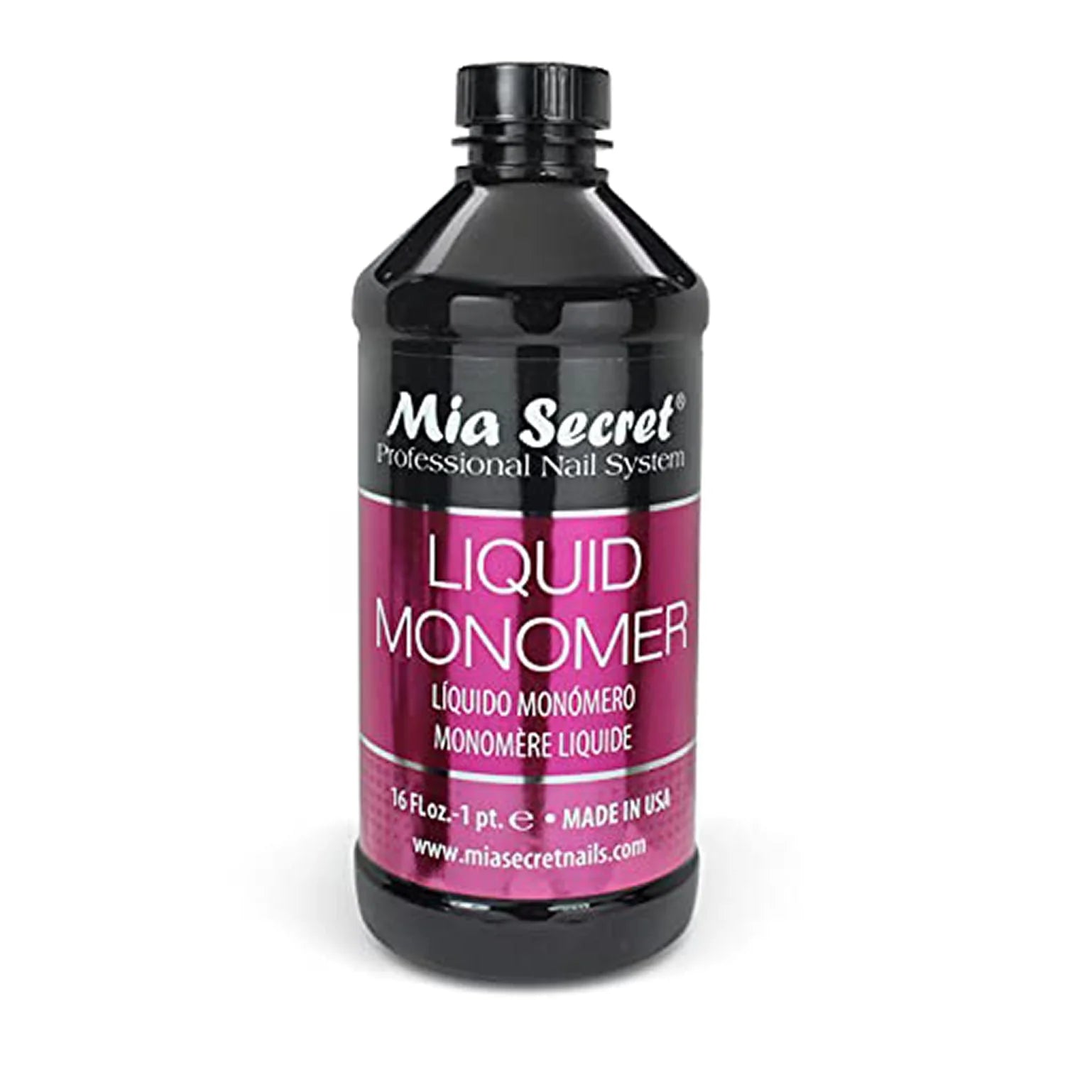 Uns Mia Secret Liquid Monomer 16 oz for nail polish application, clear container with liquid inside and label on the front.
