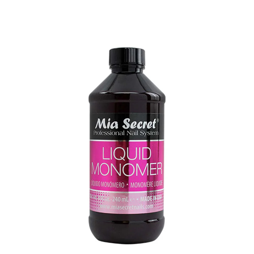 Mia Secret liquid monomer in an 8 oz bottle, used for nail polish application and nail enhancements.