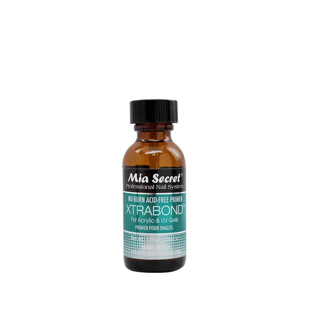 Seche Mia Secret XtraBond acid-free nail primer in 1 oz (30 mL) bottle, showing the sleek packaging and applicator.