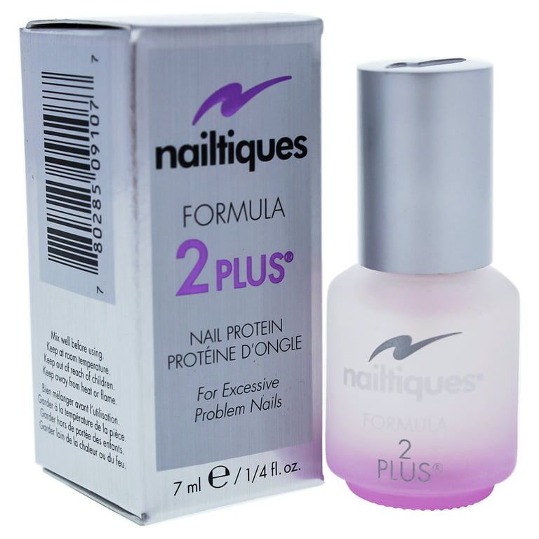 Nailtiques Formula 2 PLUS Nail Protein nail polish bottle, 1/4 oz, with a clear label and silver cap, on a white background.