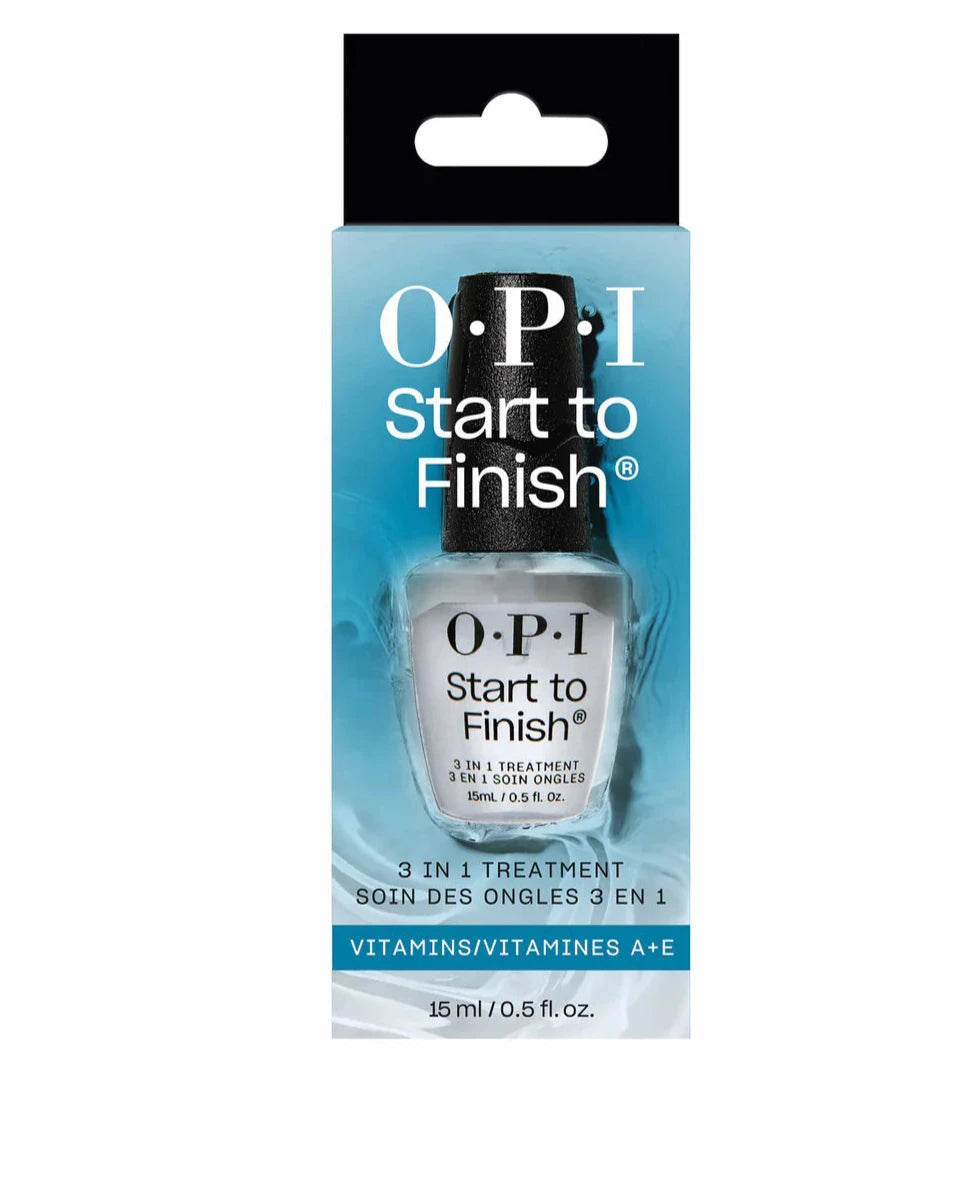 OPI 3-in-1 Start To Finish base coat, top coat, and nail strengthener applied on nails, showcasing glossy finish and smooth texture.