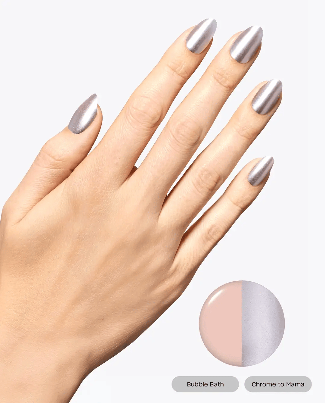 OPI Chrome Powder Chrome to Mama nail color in 0.3 oz jar, shiny metallic nail powder for a chrome finish.
