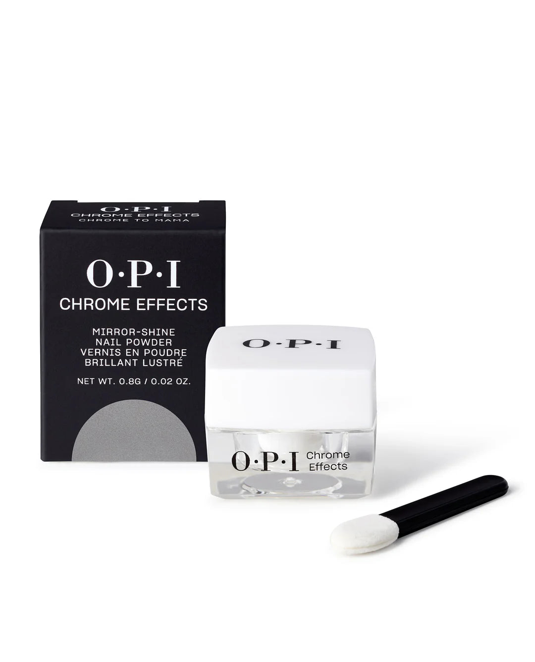 OPI Chrome Powder Chrome to Mama nail color in 0.3 oz jar, showcasing shiny, metallic chrome nail powder for a reflective finish.