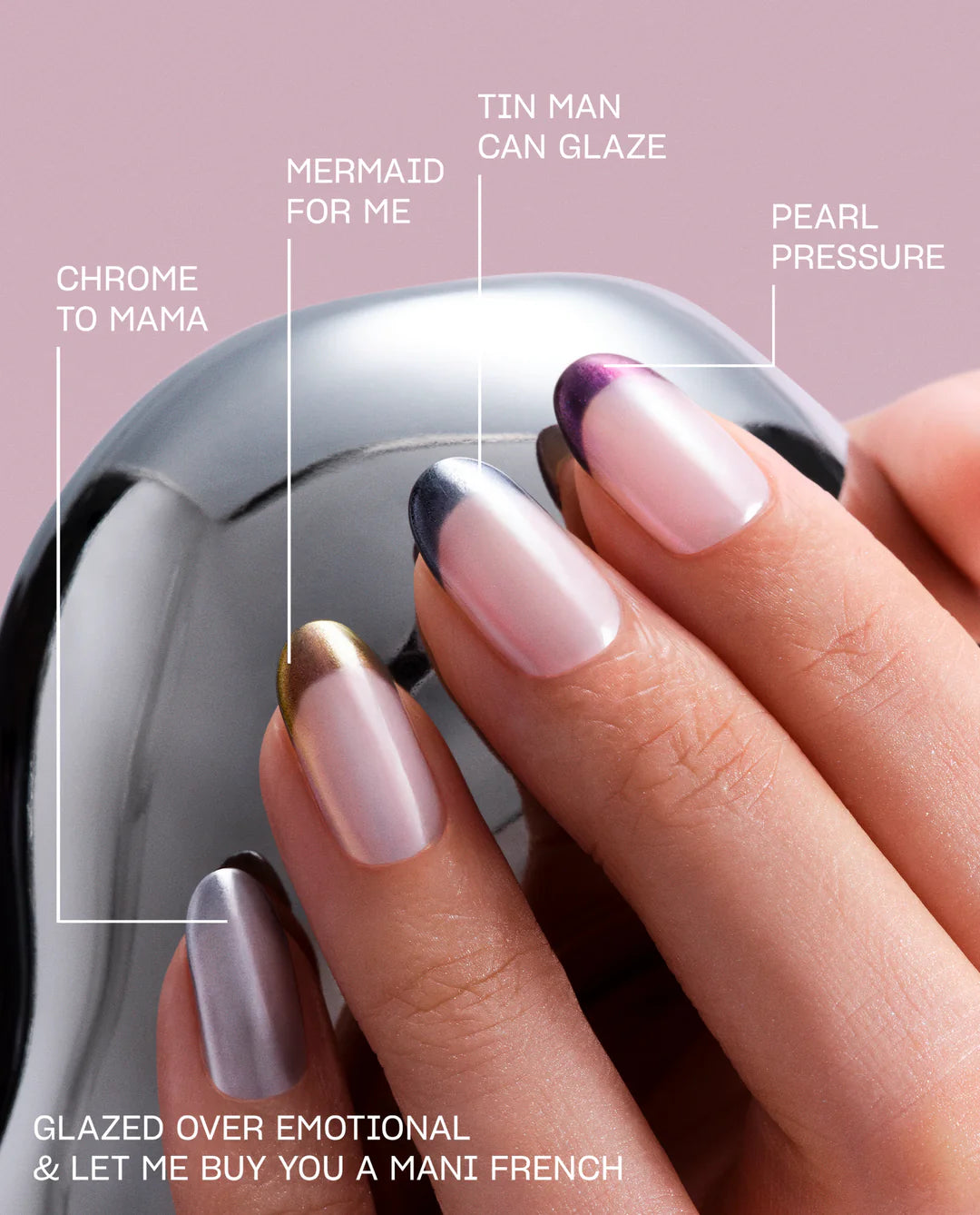 OPI Chrome Powder Chrome to Mama 0.3 oz. for metallic, mirror-like finish on nails, showcasing shiny chrome nail color application.