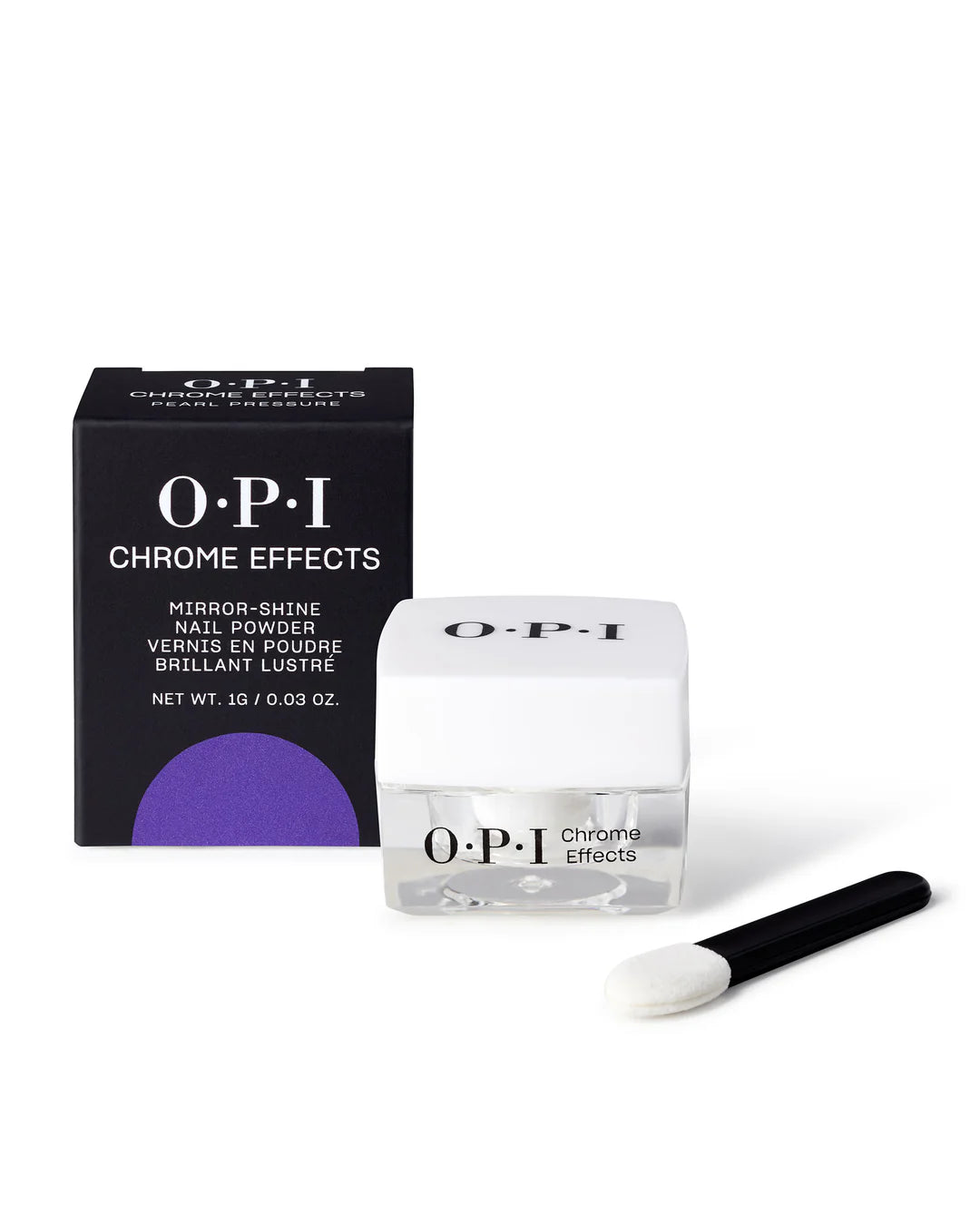 OPI Chrome Powder Pearl Pressure 0.3 oz. in a small container, showcasing the shimmering pearlescent nail powder for a chrome finish.