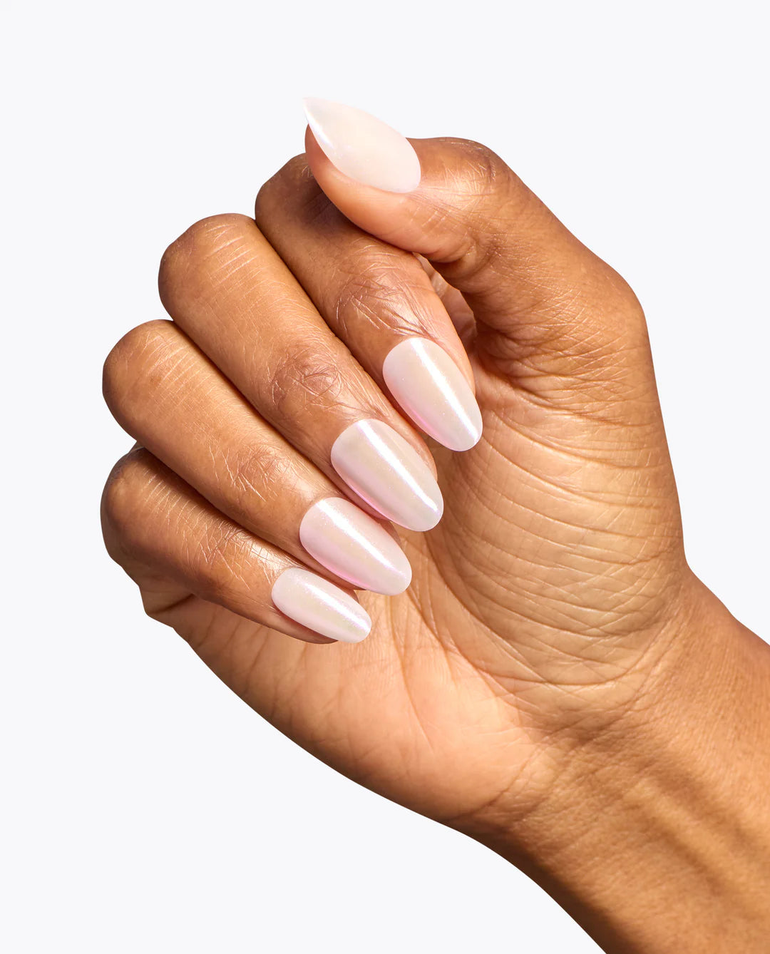 OPI Chrome Powder Pearl Pressure nail powder over Baby Take a Vow manicure, showcasing shimmering pearl finish on nails.
