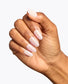 OPI Chrome Powder Pearl Pressure nail powder over Baby Take a Vow manicure, showcasing shimmering pearl finish on nails.