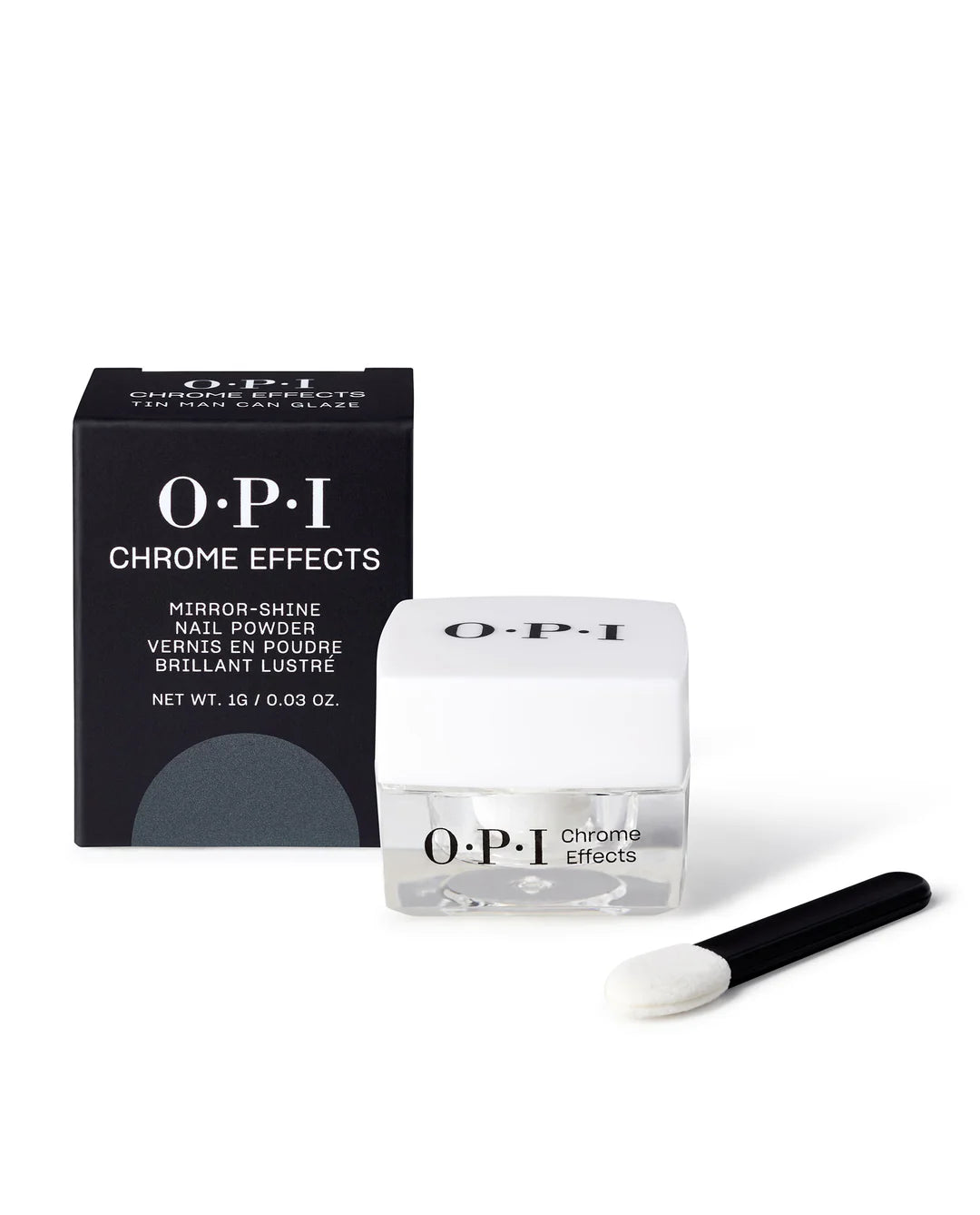 OPI Chrome Powder Tin Man Can Glaze 0.3 oz, metallic nail pigment in a small jar for creating chrome nail designs.