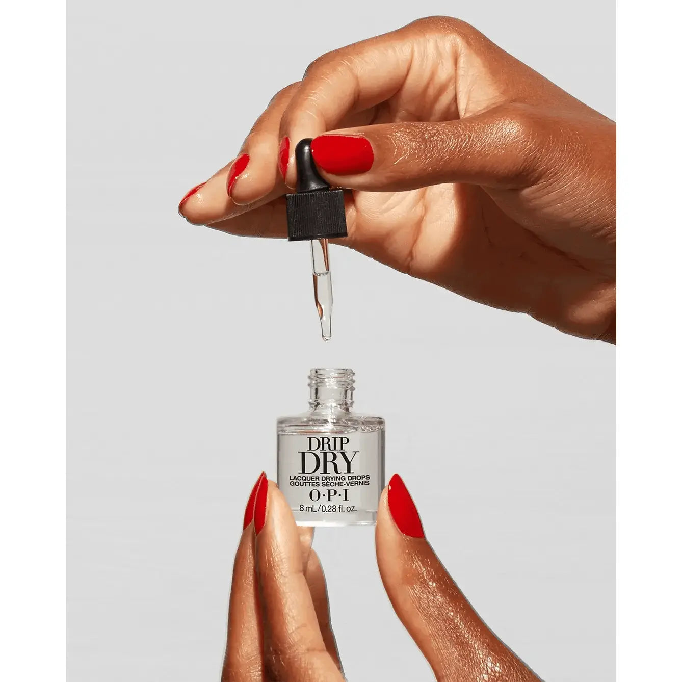 OPI Drip Dry Lacquer Drying Drops 0.28 oz bottle, quick-drying treatment for nail polish, with a drip-dry gif showing application.
