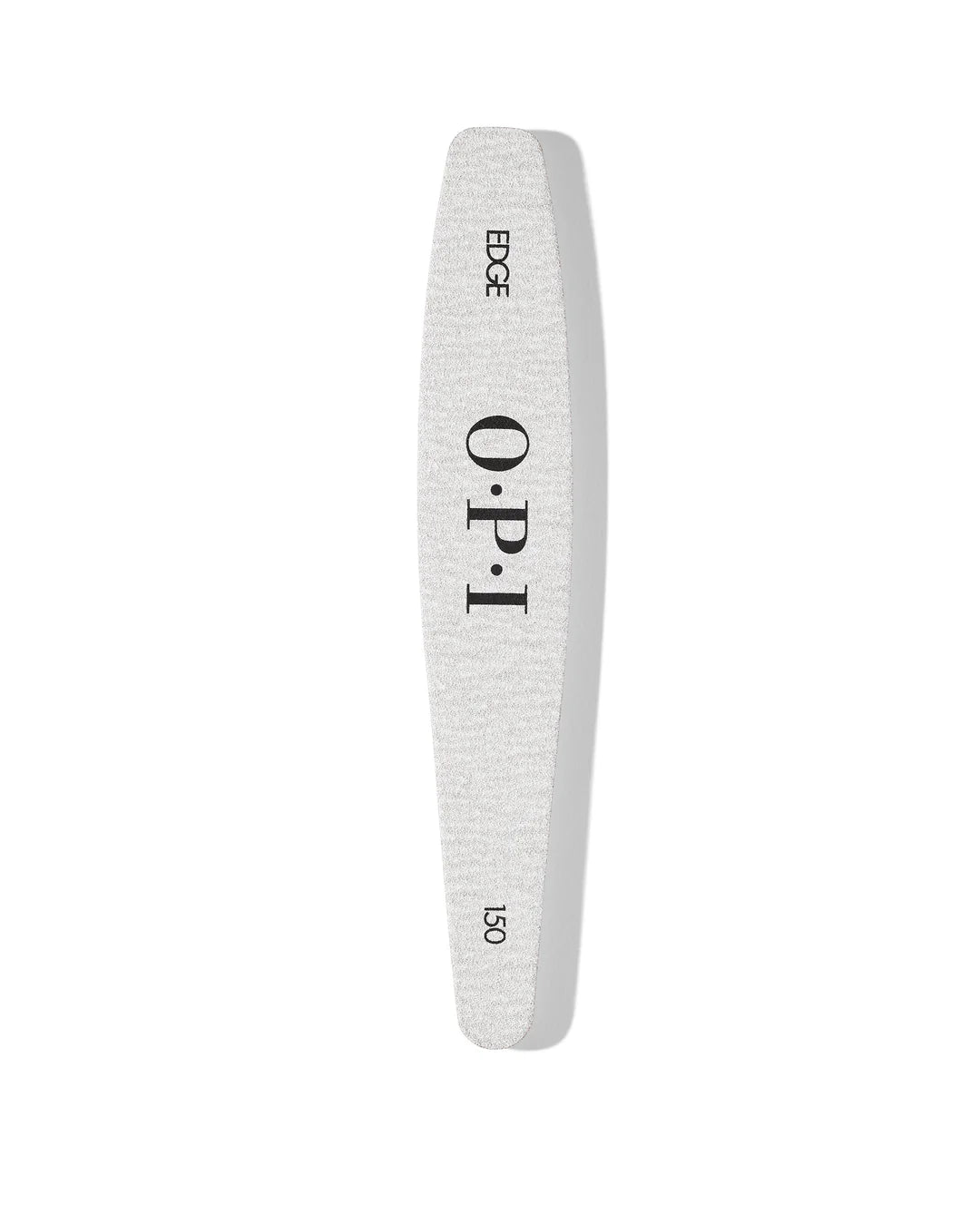 Silver OPI Edge 150 Cushioned Board File for gel nail polish, showing textured surface and ergonomic design.
