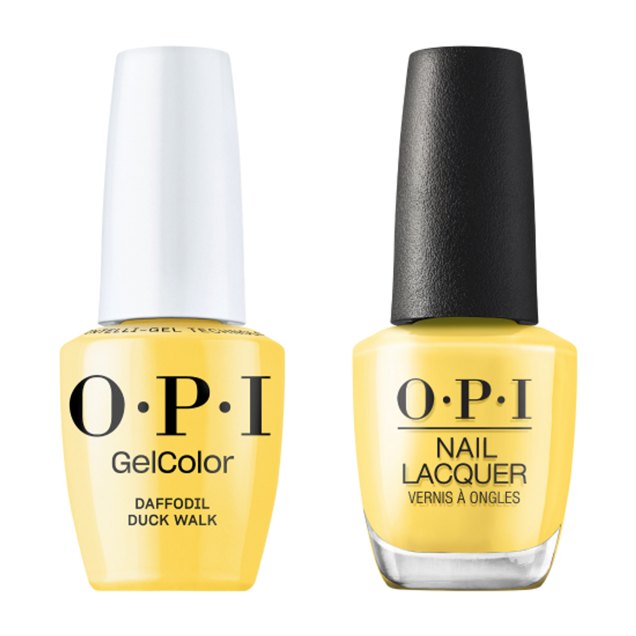 OPI GelColor Intelli-Gel and matching Daffodil Duck Walk lacquer nail polish duo in clear image.