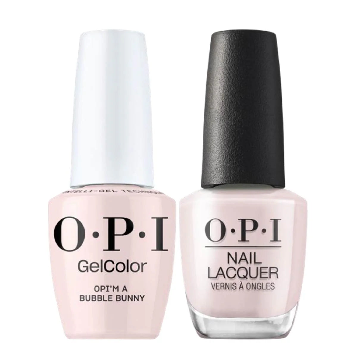 OPI GelColor Intelli-Gel and matching lacquer in OPI'm A Bubble Bunny, 0.5 oz, for vibrant gel nail polish and color coordination.