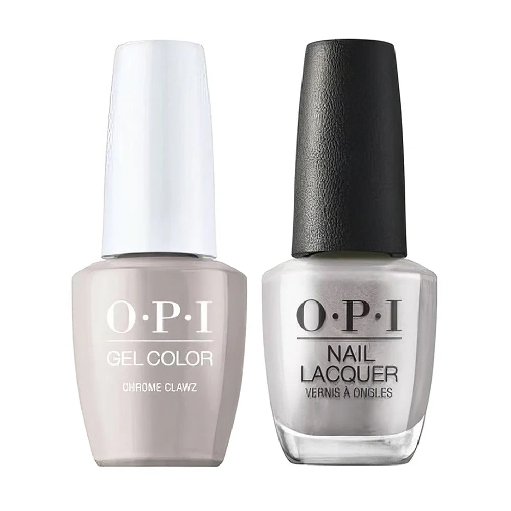 OPI GelColor and matching lacquer Chrome Clawz F024 in clear topaz, showing gel polish bottle and lacquer bottle side by side.