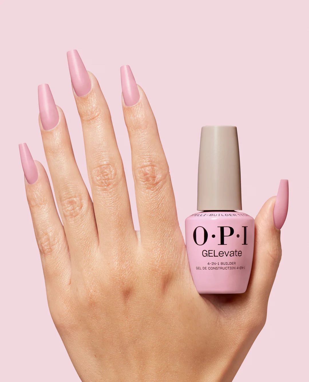 Opi GELevate Builder Gel in 4Get Me Not shade, light hand with bottle, showcasing the nail gel product from Universal Nail Supplies