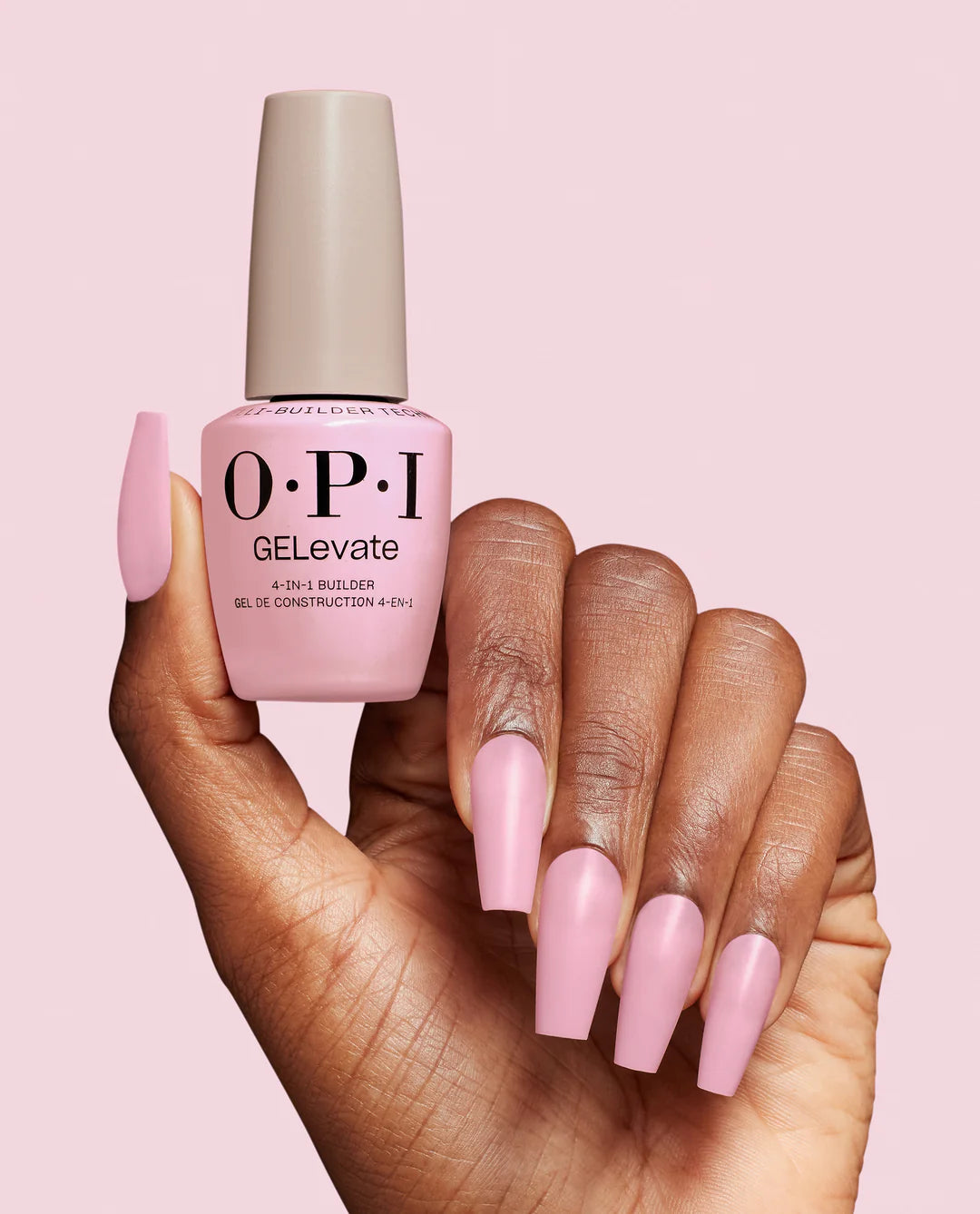 Opi GELevate Builder Gel in 4Get Me Not shade, 0.5oz bottle, used for nail extension and strengthening, displayed on a hand.