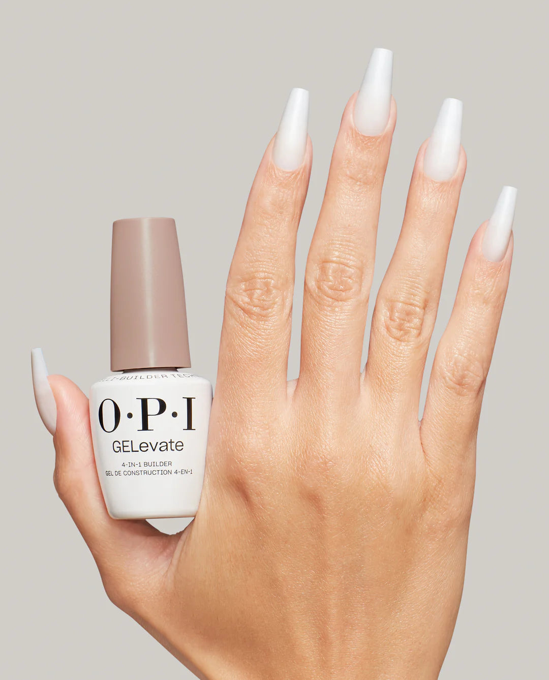 Opi GELevate Builder Gel in Blank Canvas, 0.5oz bottle, shown on a light hand model for natural nail enhancement.