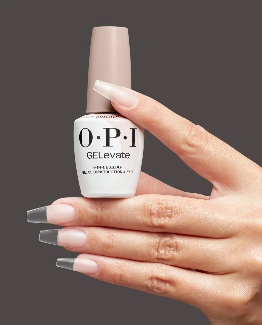 Clear OPI GelEvate Builder Gel in Flawless shade shown on a hand with nails, 0.5oz tube, for durable nail enhancement.