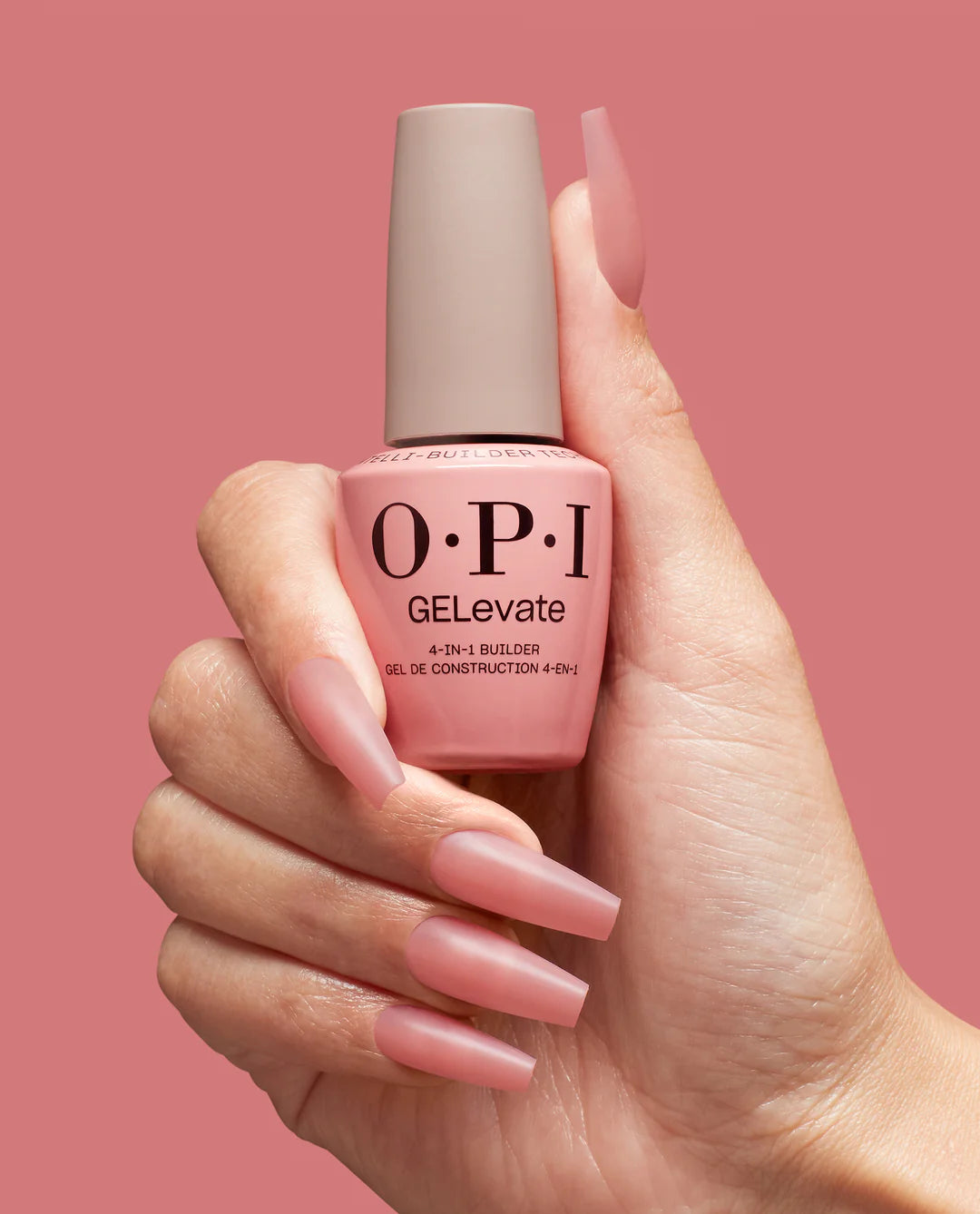 Opi GELevate Builder Gel Pink Over-Slay in a 0.5oz bottle, shown with a light hand and pink nail design.