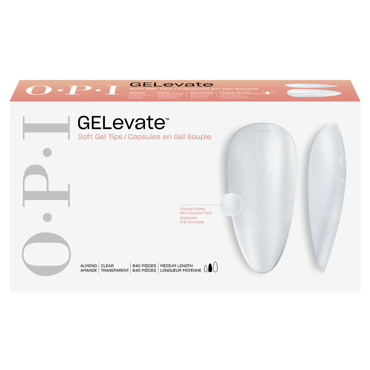 Opi GELevate™ Soft Gel Tips in almond shape displayed in a box, designed for professional nail enhancement and natural look.