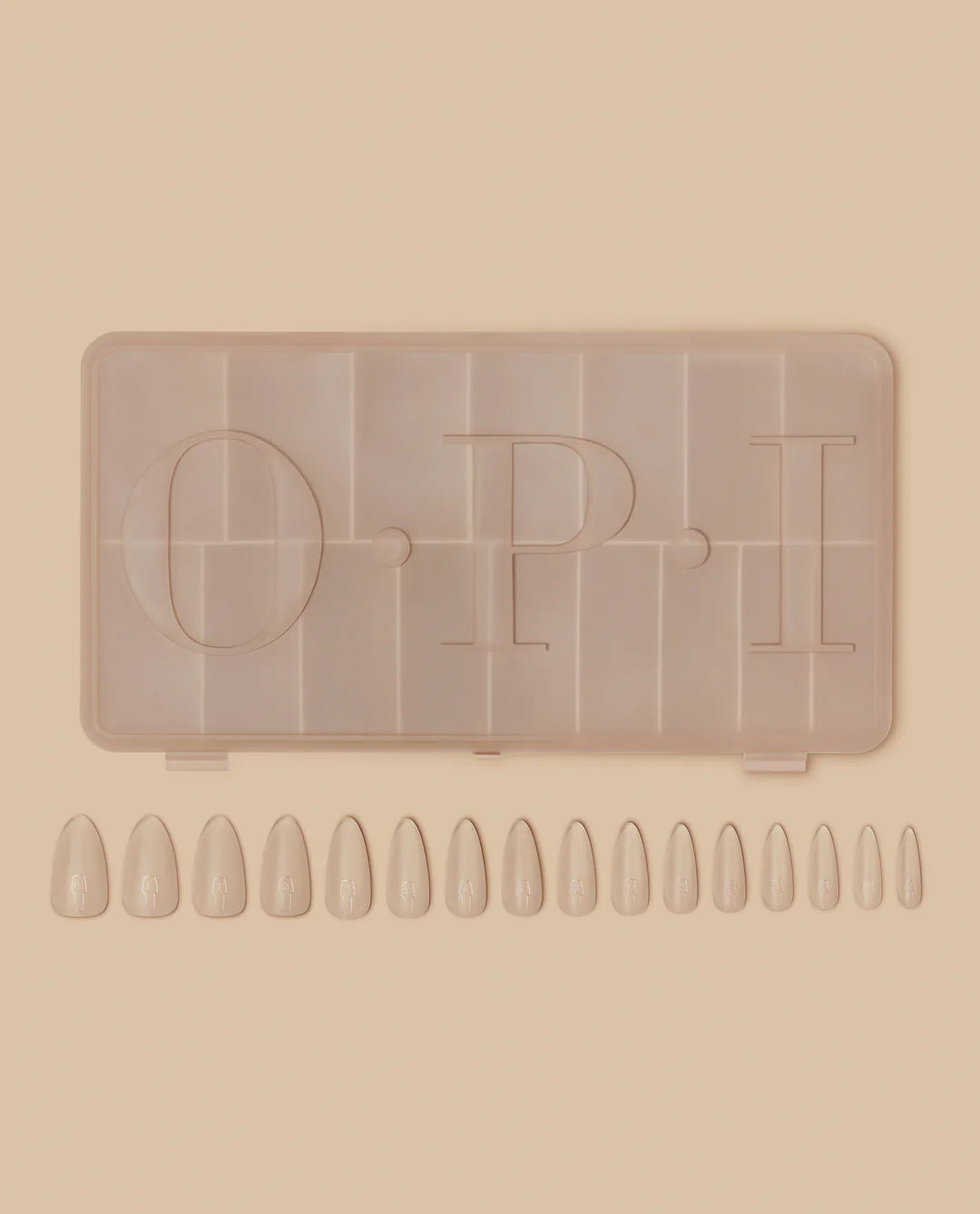 Opi GELevate™ Soft Gel Tips in almond shape, displayed in a clear box, for professional nail enhancements.