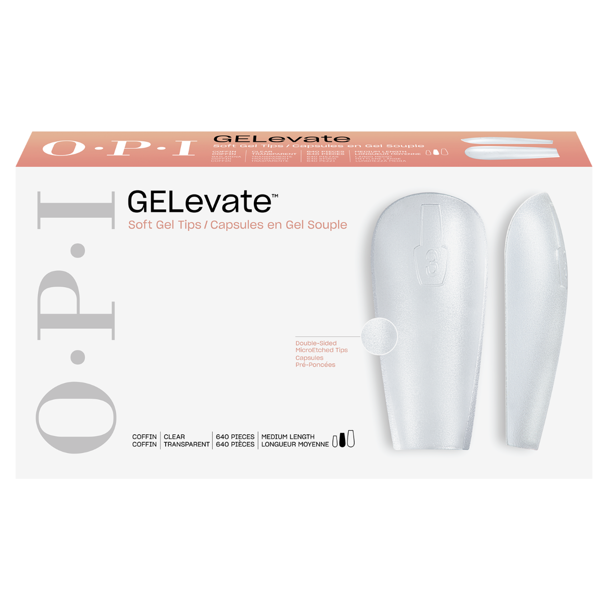 Opi GELevate™ Soft Gel Tips in coffin shape displayed in a box, designed for professional nail enhancements and natural-looking nails.