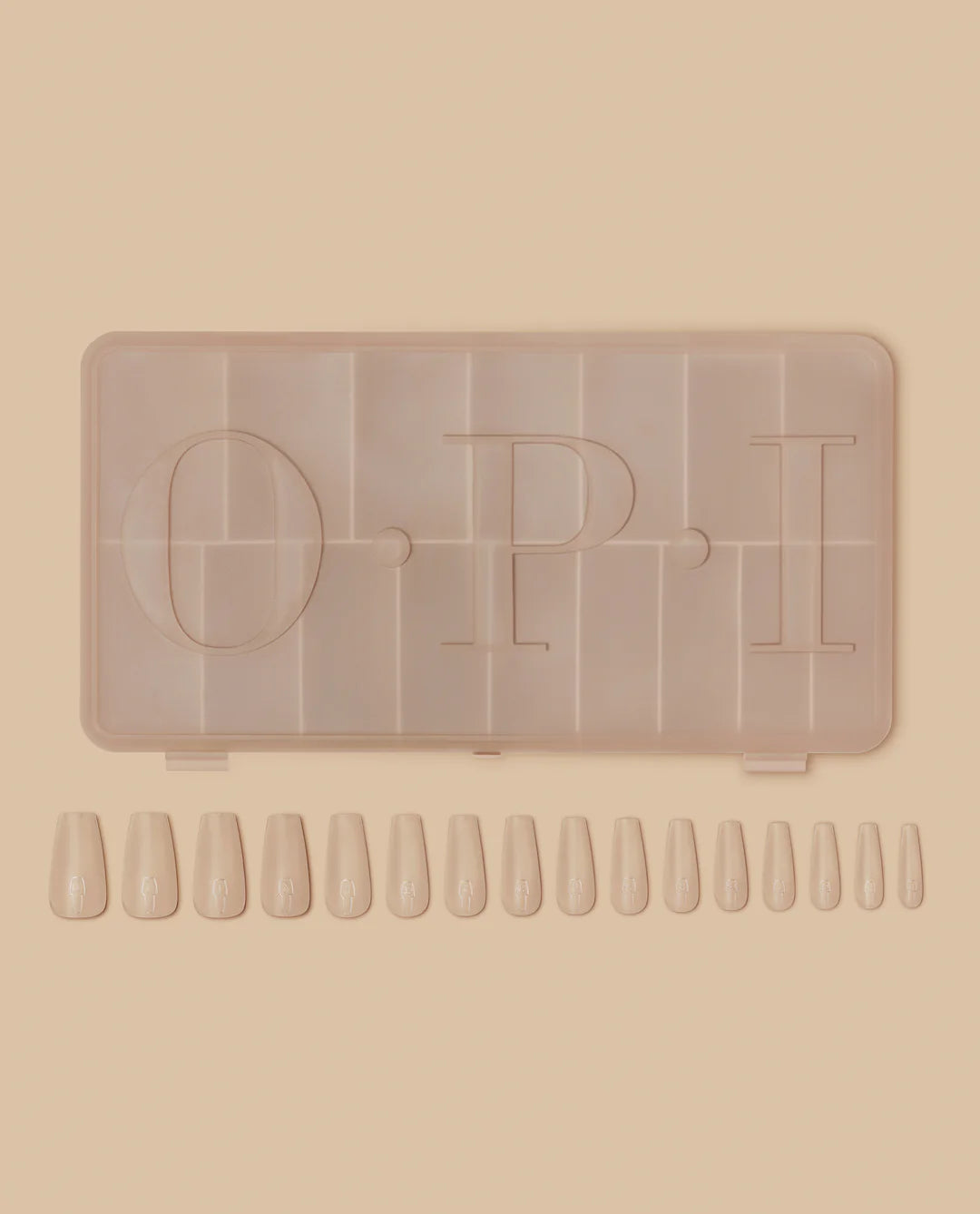 Opi GELevate soft gel tips in coffin shape shown in clear box, ideal for long-lasting nail enhancements.