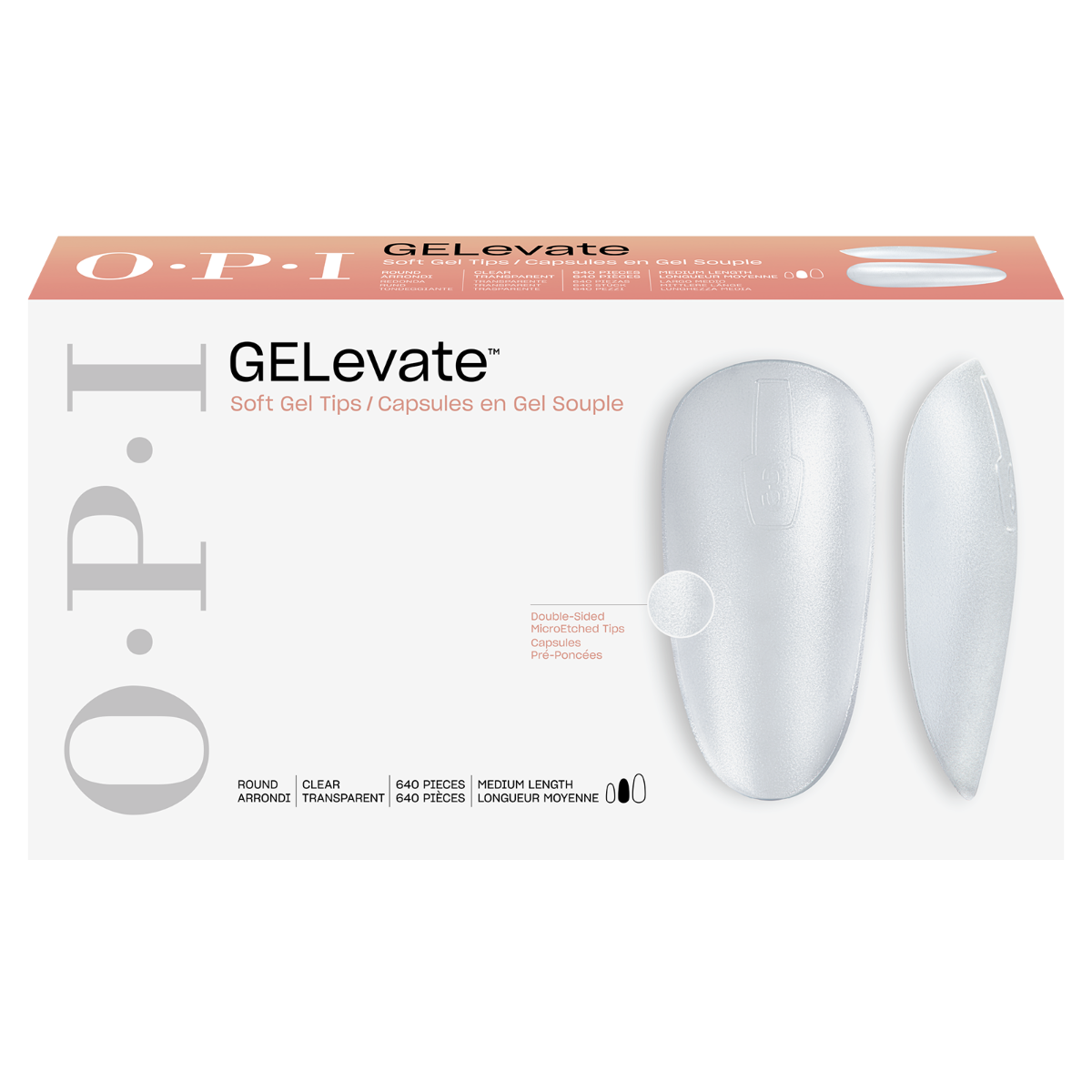 Opi GELevate soft gel tips in round shape displayed in a box for nail extensions and enhancements.