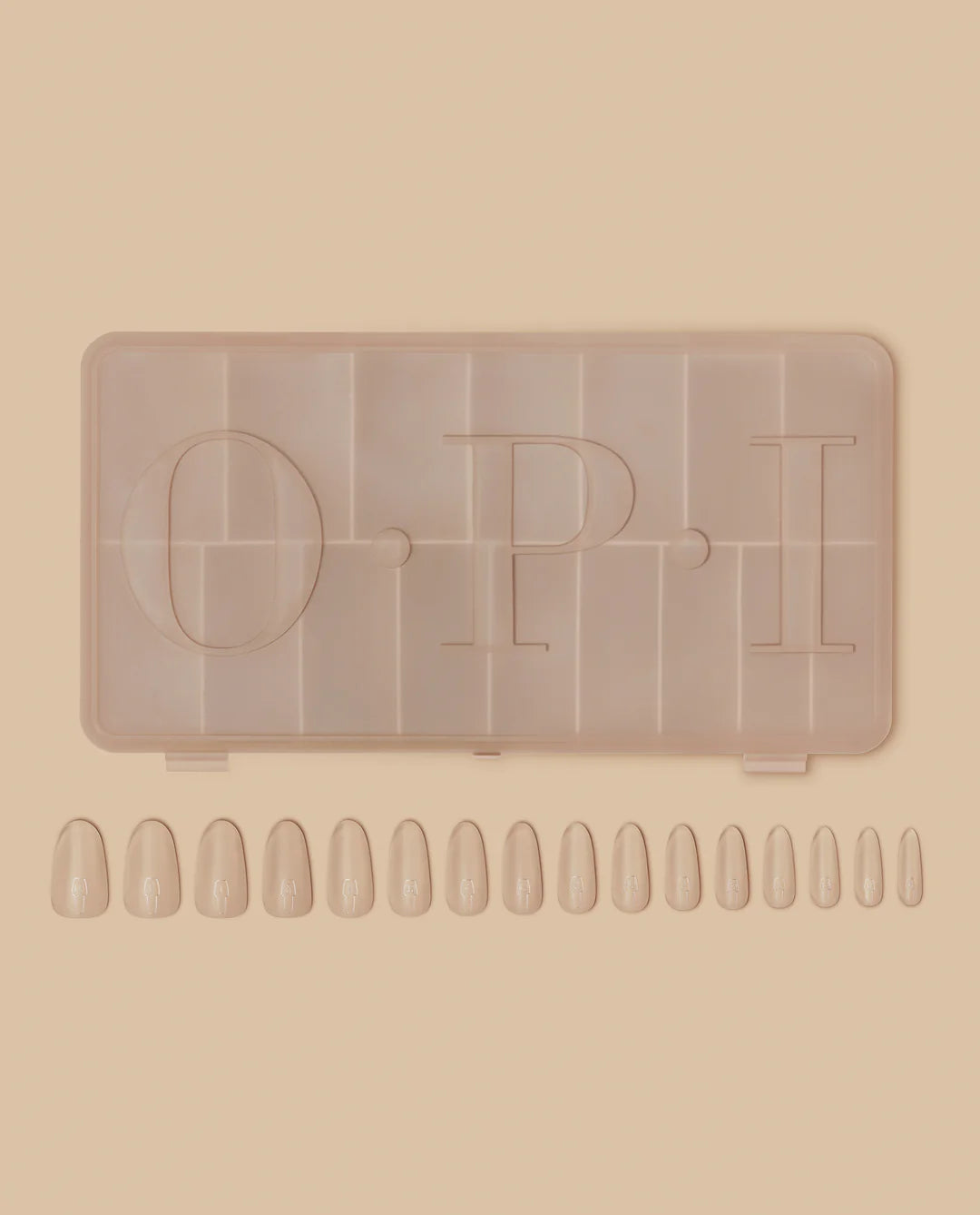 Clear round box of Opi GELevate™ Soft Gel Tips for nails, featuring a set of natural, rounded gel nail tips.