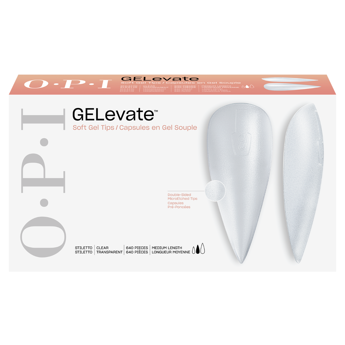 Opi GELevate Soft Gel Tips in stiletto shape displayed in a box, designed for creating elegant nail extensions.
