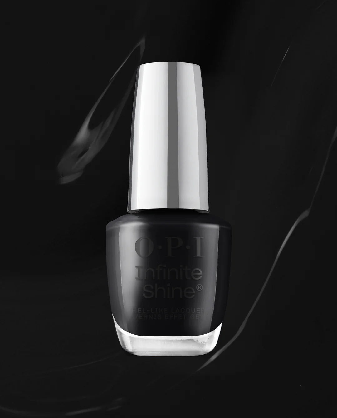 OPI Infinite Shine Black Onyx nail polish bottle showing long-lasting glossy black color and sleek design.
