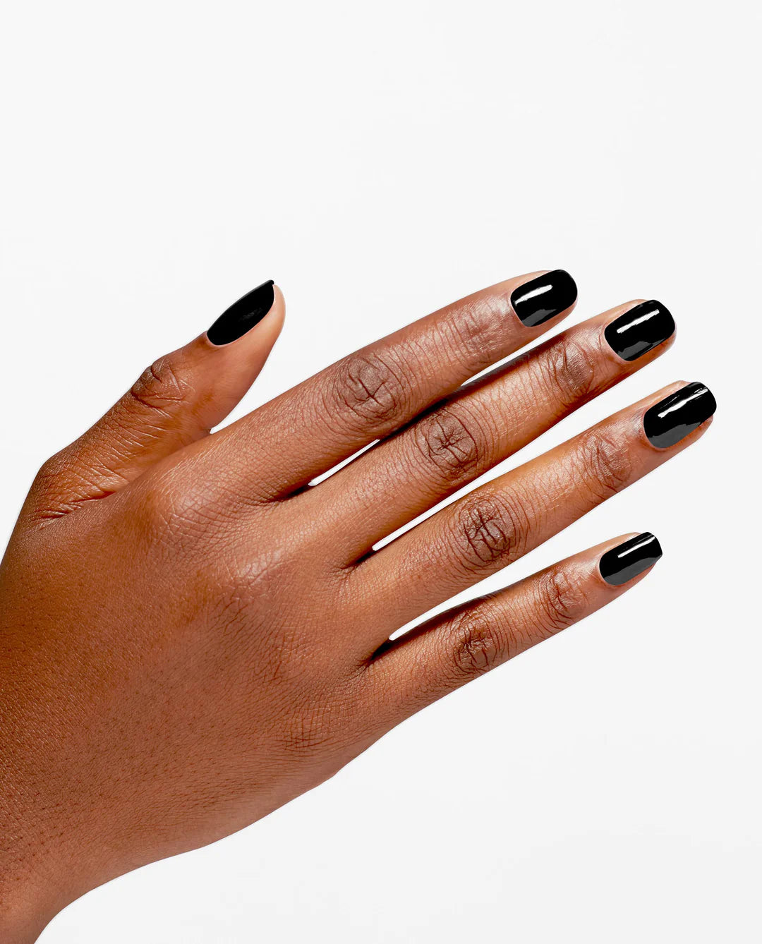 OPI Infinite Shine Black Onyx nail polish applied on nails, showing a glossy black finish with a sleek, polished look.